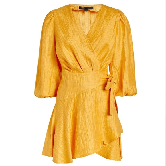 Maje Yellow Linen Blend Puff Sleeve Wrap Mini Dress Size EU36 XSmall（Size1） - Picture 5 of 8